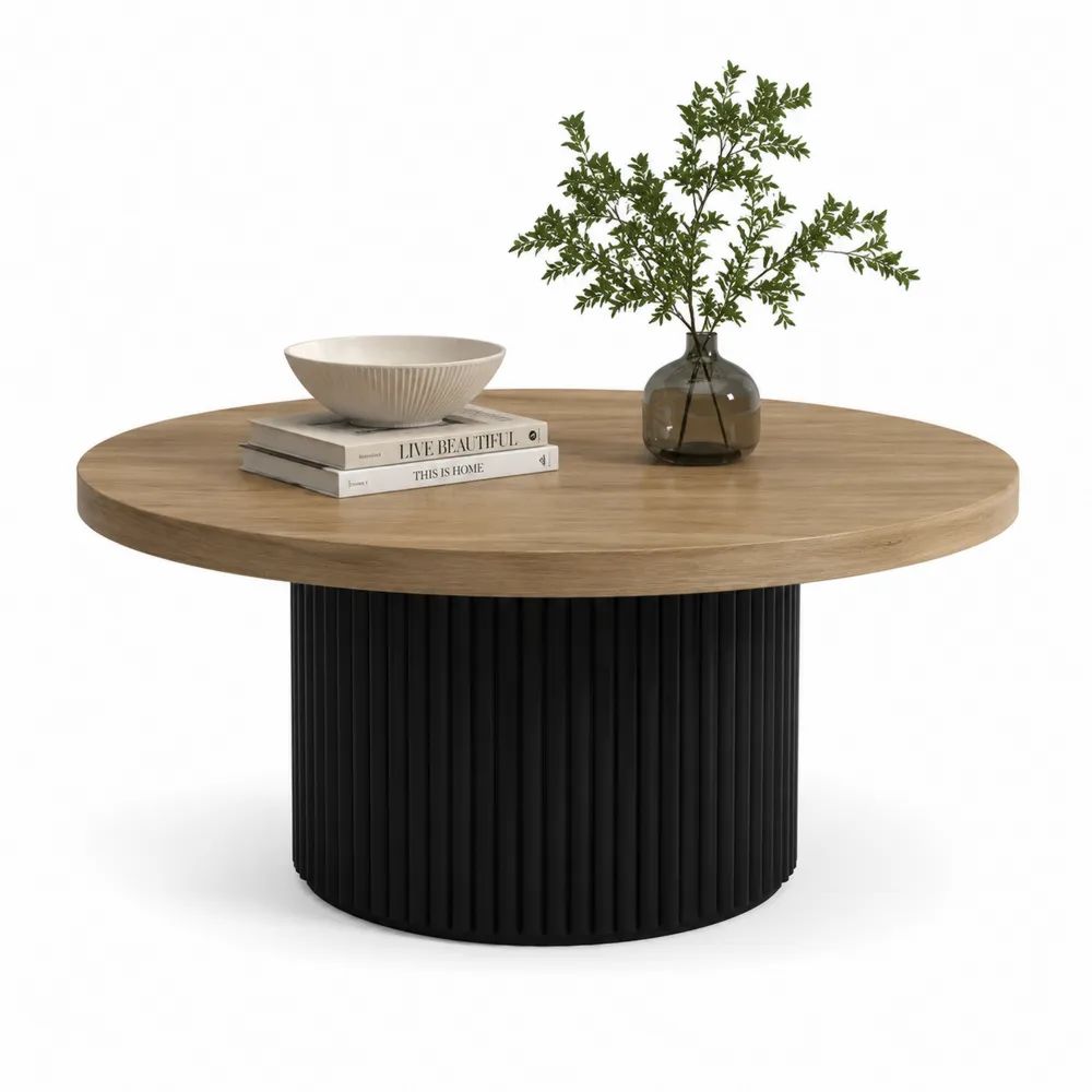 Table basse ronde en bois, plateau chêne naturel et piètement cannelé noir, Ø 80 × H 45 cm