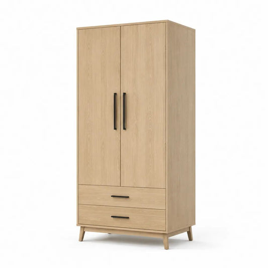 Armoire en panneaux de particules mélaminés à 2 portes et 2 tiroirs, chêne clair et noir, 90 × 52 × 190 cm