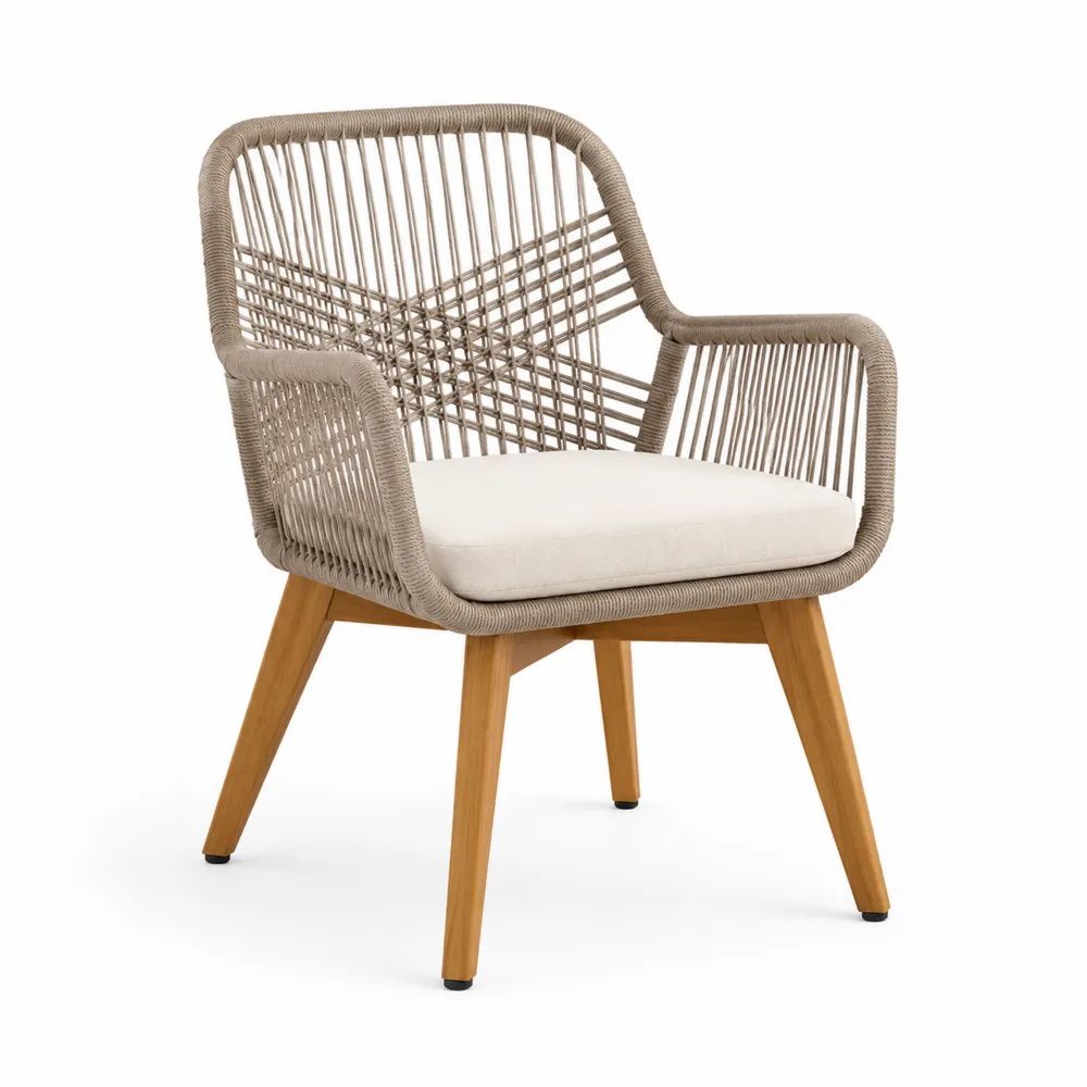 Fauteuil de jardin avec accoudoirs en corde de polypropylène et bois massif, beige, blanc cassé et brun miel, 63 x 65 x 83 cm