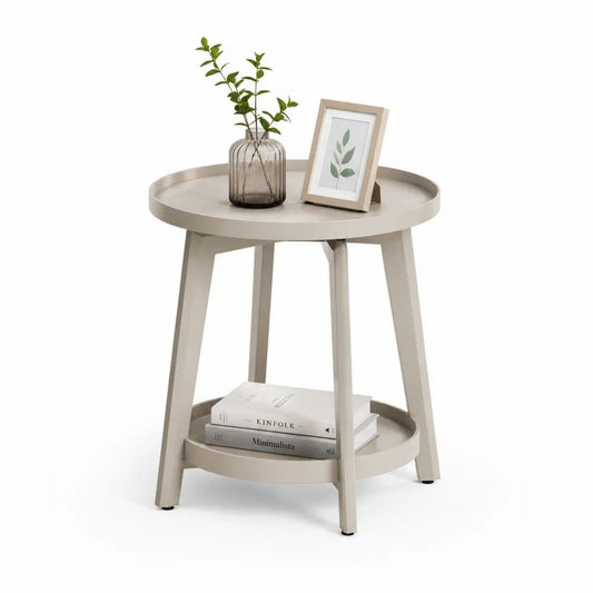 Table d’appoint ronde en acier beige à deux plateaux, 45 × 45 × 60 cm