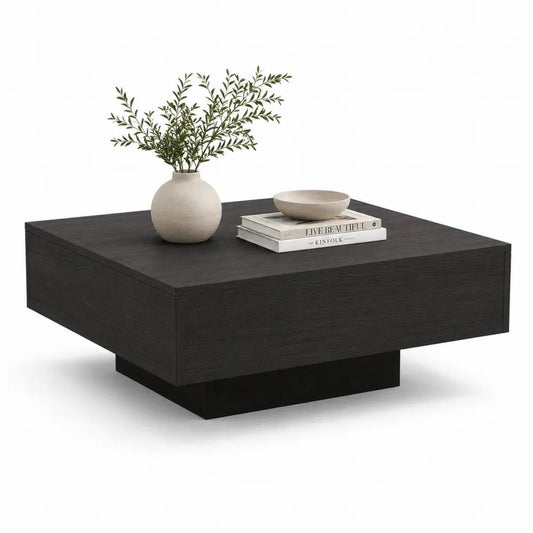 Table basse carrée en panneaux de particules mélaminés noirs effet chêne, 90 × 90 × 40 cm