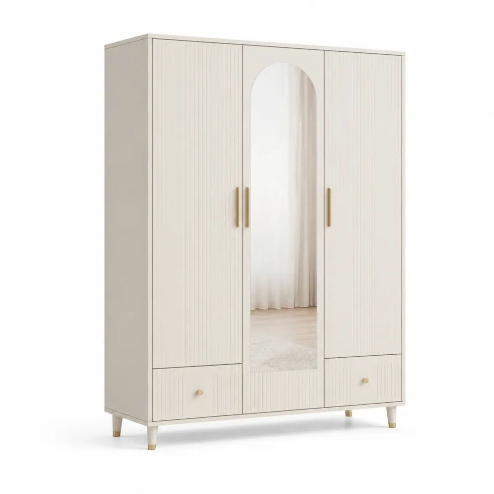 Armoire rectangulaire 3 portes avec miroir et 2 tiroirs en MDF, ivoire et doré, 120 × 50 × 180 cm