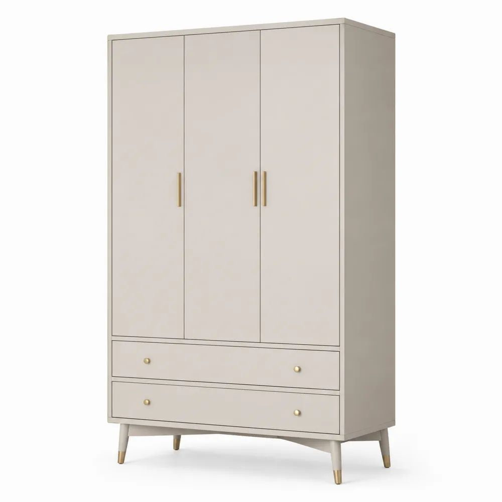 Armoire-penderie beige en bois et métal doré, 3 portes et 2 tiroirs, 120 × 55 × 190 cm