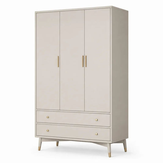 Armoire-penderie beige en bois et métal doré, 3 portes et 2 tiroirs, 120 × 55 × 190 cm