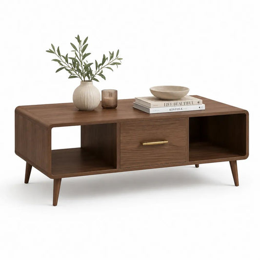 Table basse rectangulaire en bois brun noyer avec tiroir et 2 niches, 110 x 55 x 45 cm