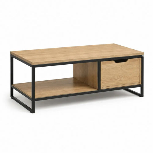 Table basse rectangulaire avec tiroir et étagère en panneau de particules décor chêne et acier noir, 100 × 50 × 45 cm
