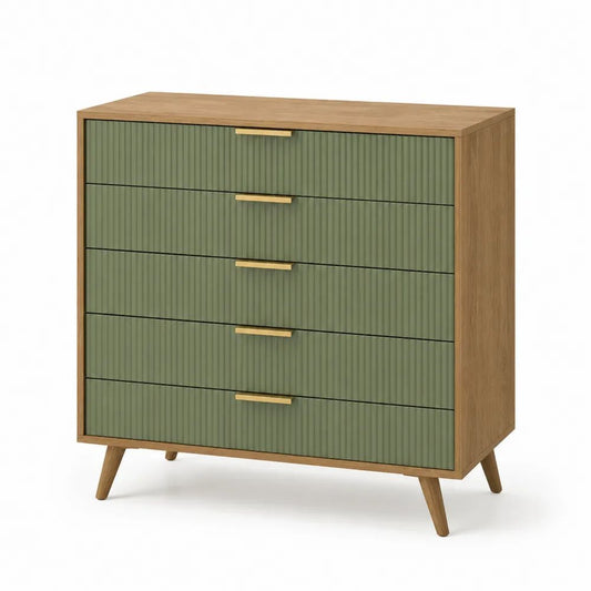 Commode rectangulaire en MDF à 5 tiroirs, vert olive et chêne, 80 × 40 × 90 cm