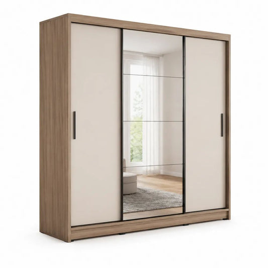 Armoire rectangulaire en panneaux de particules à 3 portes coulissantes avec miroir, chêne brun et beige, 200 × 60 × 215 cm